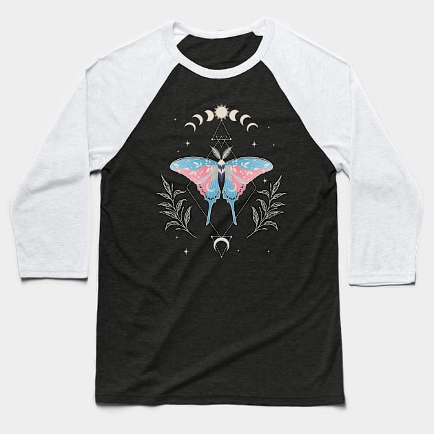 Transgender Luna Moth Celestial Cottagecore LGBT Pride Flag Baseball T-Shirt by Psitta